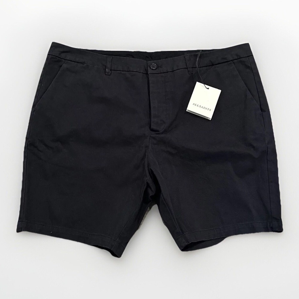 AllSaints Neiva Chino Shorts Mens Size 38 Black Flat Front Organic Cotton NWT